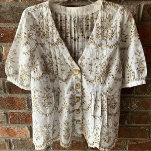 Anthropologie Feather Bone Eyelet White and Brown Top -size 6